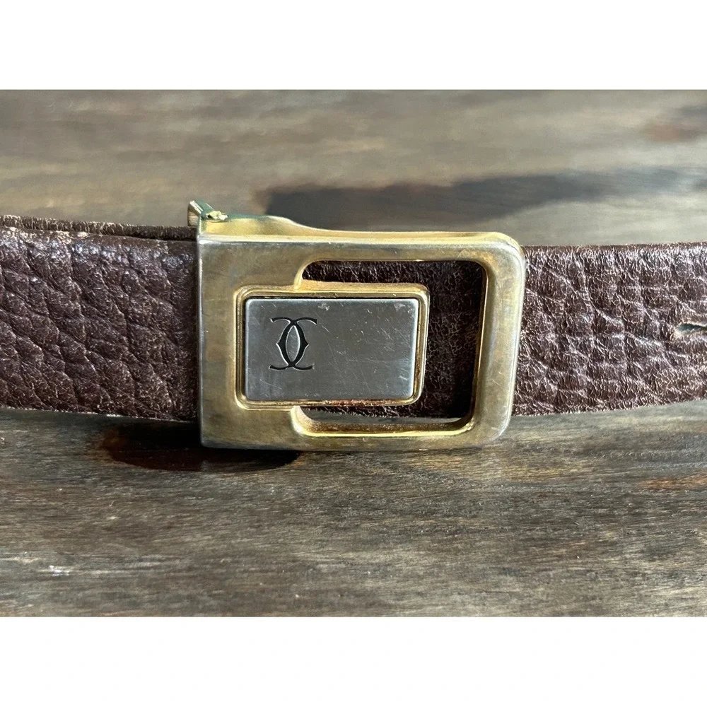 Vintage Cartier Santos Belt Buckle Leather Gold & Silver Double C‎ Sz 36-40